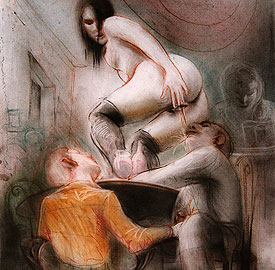 femme urinant sur un homme - dessin de Javier Gil  - détail 