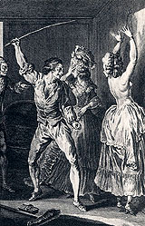 Punition - gravure de Louis Binet - 1775 - illustration du Paysan débauché de Restif de la Bretonne