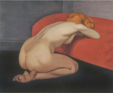 Félix Vallotton - Femme nue agenouillée devant un canapé rouge