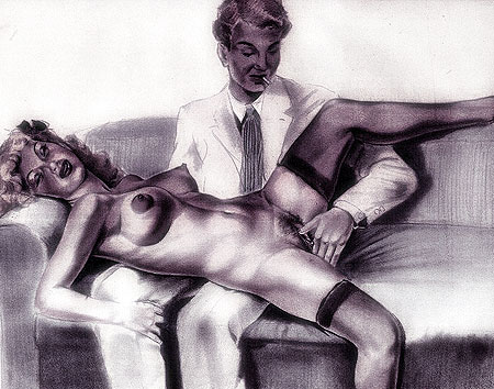 Homme masturbant une femme alanguie - d'après une aquarelle circa 1955