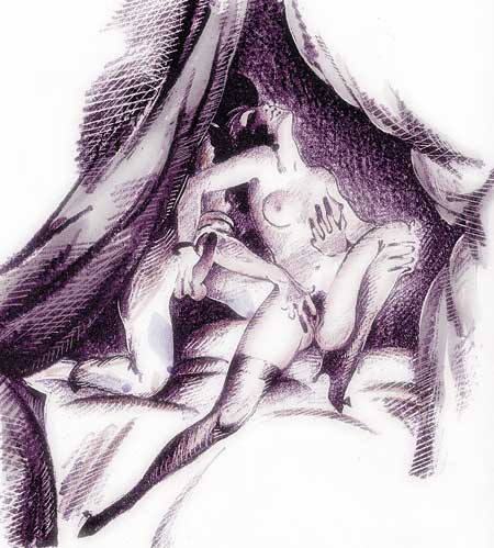 masturbation d'une femme par un arlequin - dessin anonyme