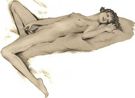 Masturbation féminine avec un olisbos - dessin de Reunier