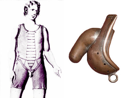 corset contre l'onanisme et appareil anti masturbation en cuivre circa 1880