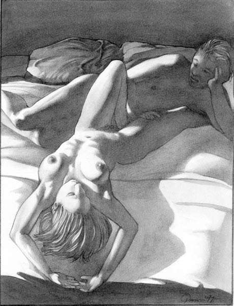 femme nue renversée au bord du lit contemplée par un homme - Quinn Parris - la suggestion