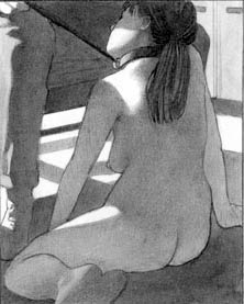 Quinn Parris - L'arrangement - dessin d'une jeune femme nue en laisse