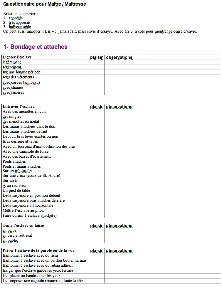 check liste maître  / maîtresse  bondage et attaches 